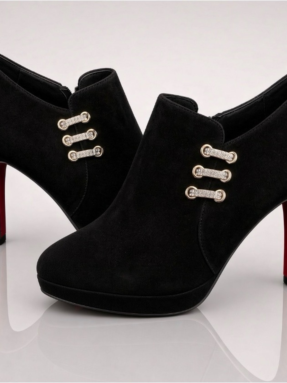 Black Suede Peep-Toe Heeled Booties with Gold Accent